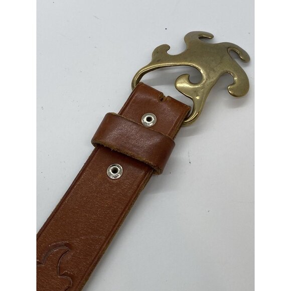 Brown Women's Embossed Belt Genuine Leather Size 26 Brass Buckle - Picture 10 of 16